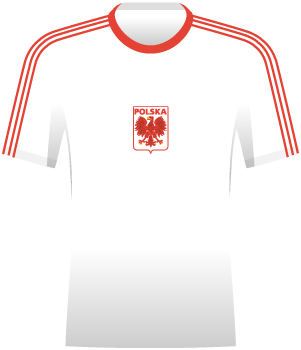 Biała koszulka reprezentacji Polski z 1975 roku. Na środku czerwony orzełek. W tej koszulce Polacy zagrali tylko raz.