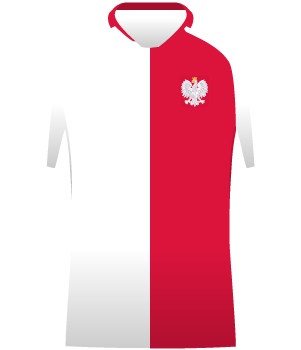 Koszulka reprezentacji Polski podzielona pół na pół w pionie - na biało i czerwono. Na piersi tradycyjny orzełek.