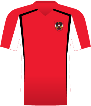 Czerwona koszulka Austrii, z czarnymi pasami wzdłuż tułowia, białymi bokami i białymi rękawami od spodu.