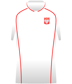 Biała koszulka reprezentacji Polski z czerwonymi cienkimi pasami wzdłuż boków.