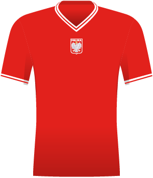 Czerwona koszulka reprezentacji Polski, z biało-czerwono-białym kołnierzem i takimi samymi końcówkami rękawów. Na środku orzełek.