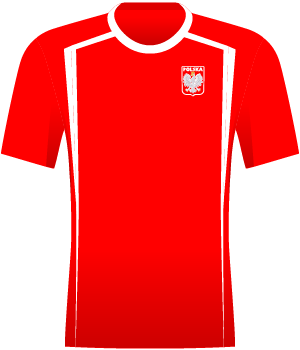 Czerwona koszulka Polski z białymi pasami po bokach.