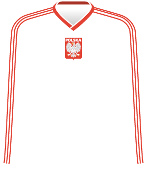 Biała koszulka Polski, z czerwoną otoczką pod szyją.