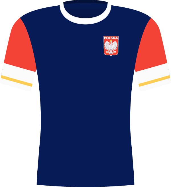 Granatowa koszulka reprezentacji Polski, z biało-czerwonymi rękawami - mecz z Bułgarią w 2010 roku.