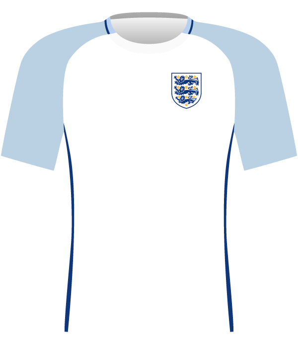 Biała koszulka Anglii (z błękitnymi rękawkami) z Euro do lat 21 z 2017 roku.