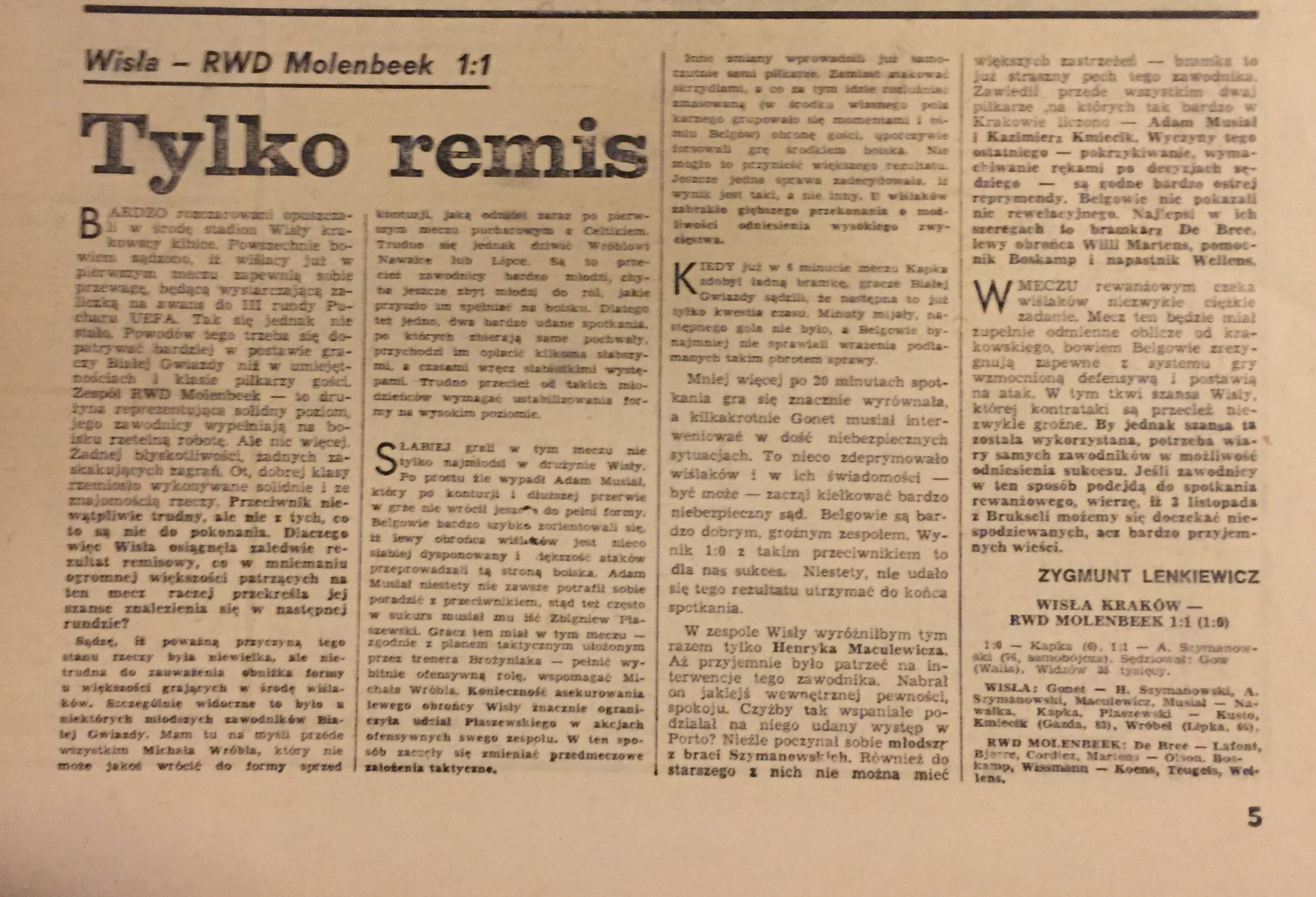 Piłka Nożna po meczu Wisła Kraków - RWD Molenbeek 1:1 (20.10.1976).
