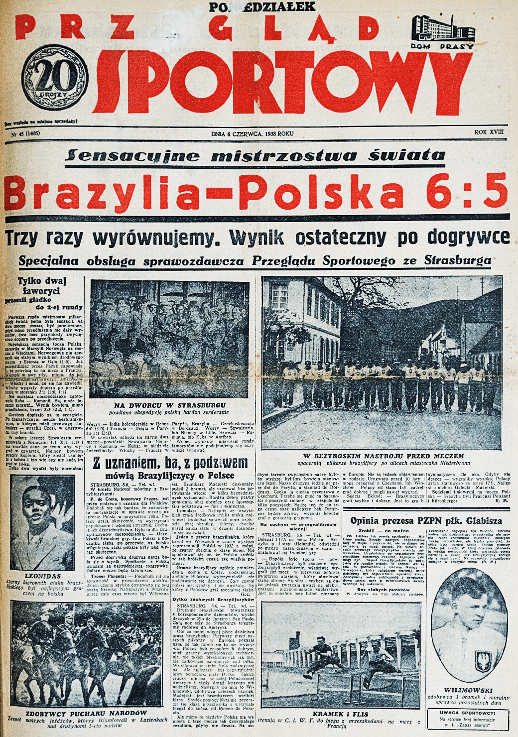 Okładka Przeglad Sportowy o meczu Brazylia - Polska 6-5 (05.06.1938)