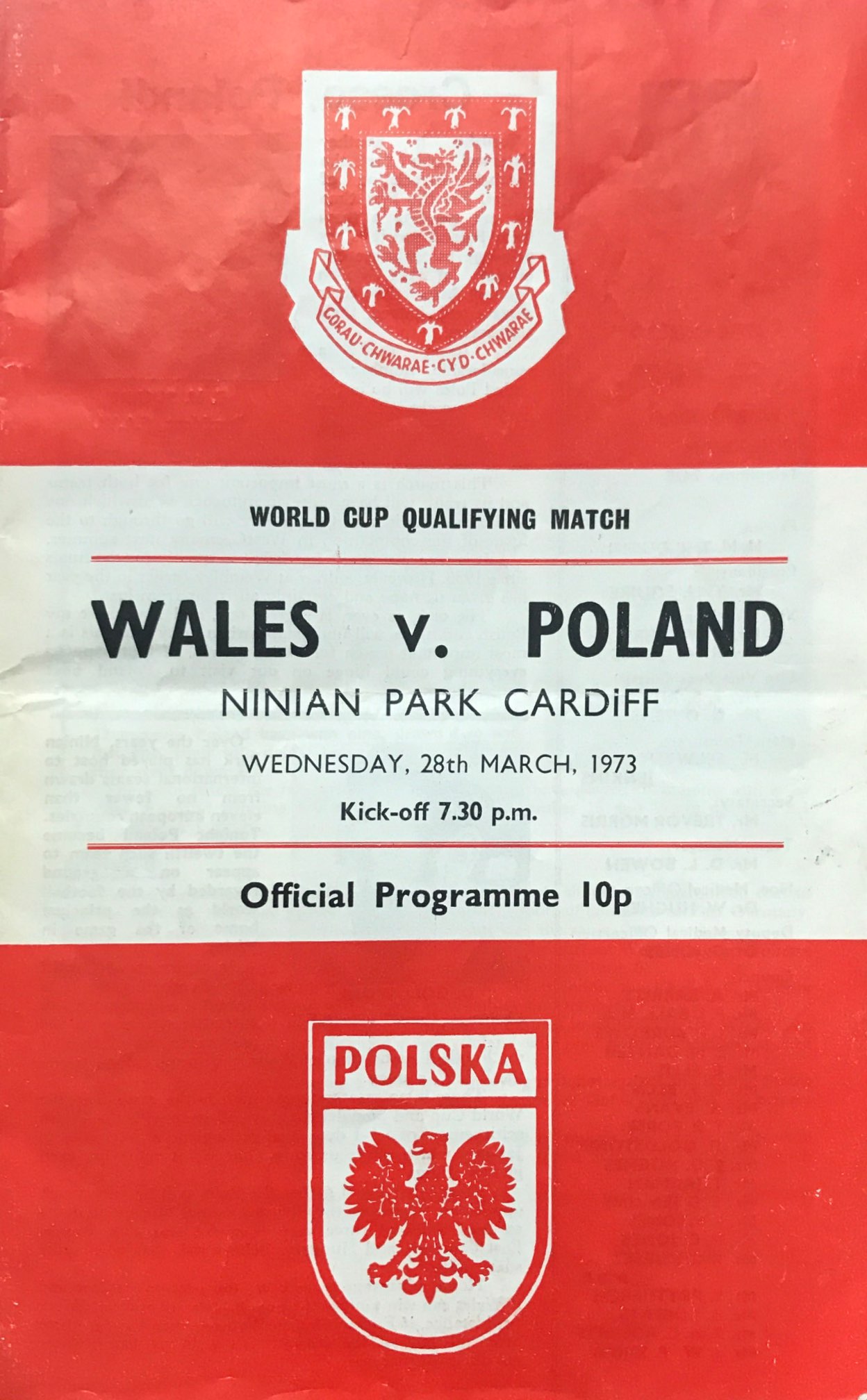 Program meczowy Walia - Polska 2:0 (28.03.1973).