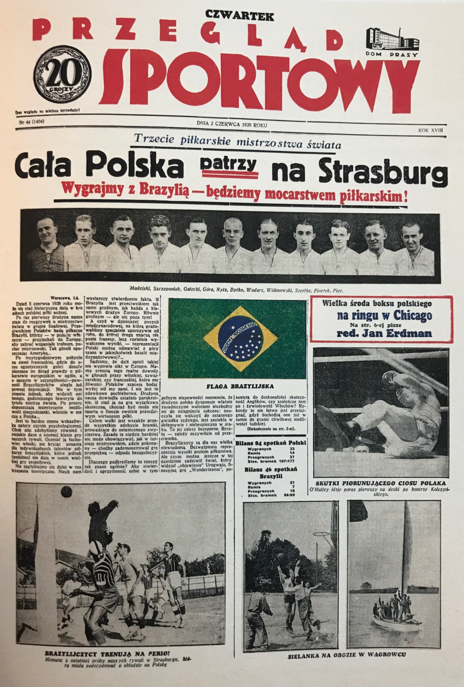 Okładka Przegląd Sportowy przed meczem Polska - Brazylia 5:6 (02.06.1938).