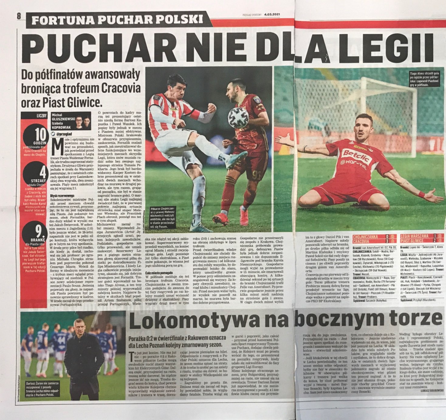 Przegląd Sportowy po meczach Chojniczanka - Cracovia 0:3 i Legia - Piast 1:2 (03.05.2021).
