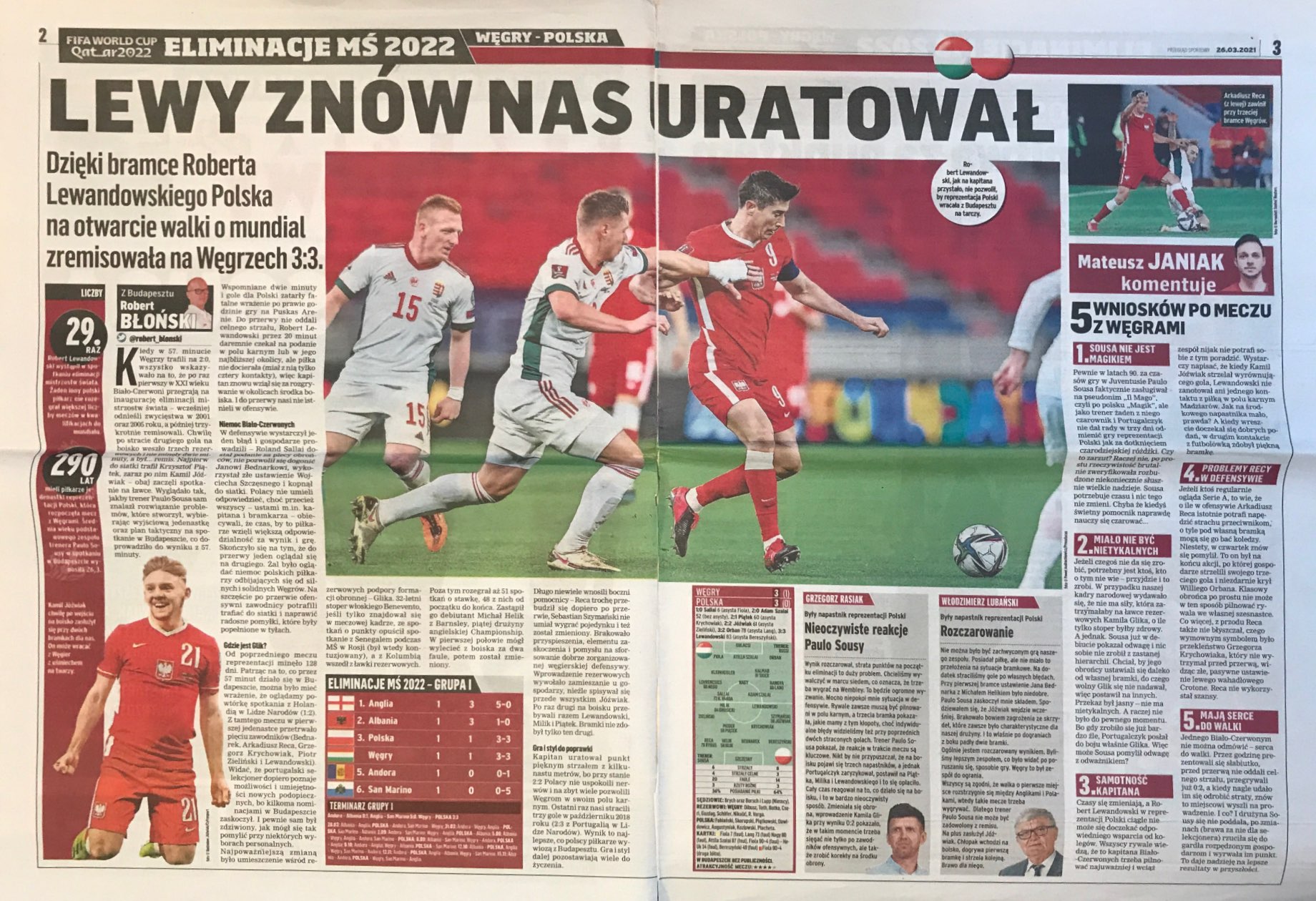 Przegląd Sportowy po meczu Węgry - Polska 3:3 (25.03.2021).