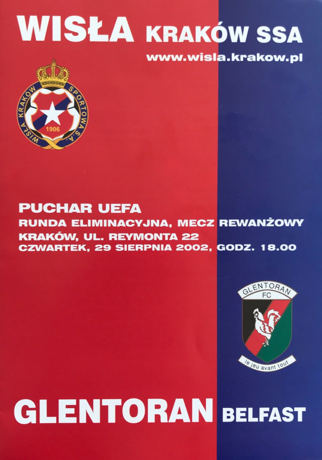 Program meczowy Wisła Kraków - Glentoran Belfast 4:0 (29.08.2002).