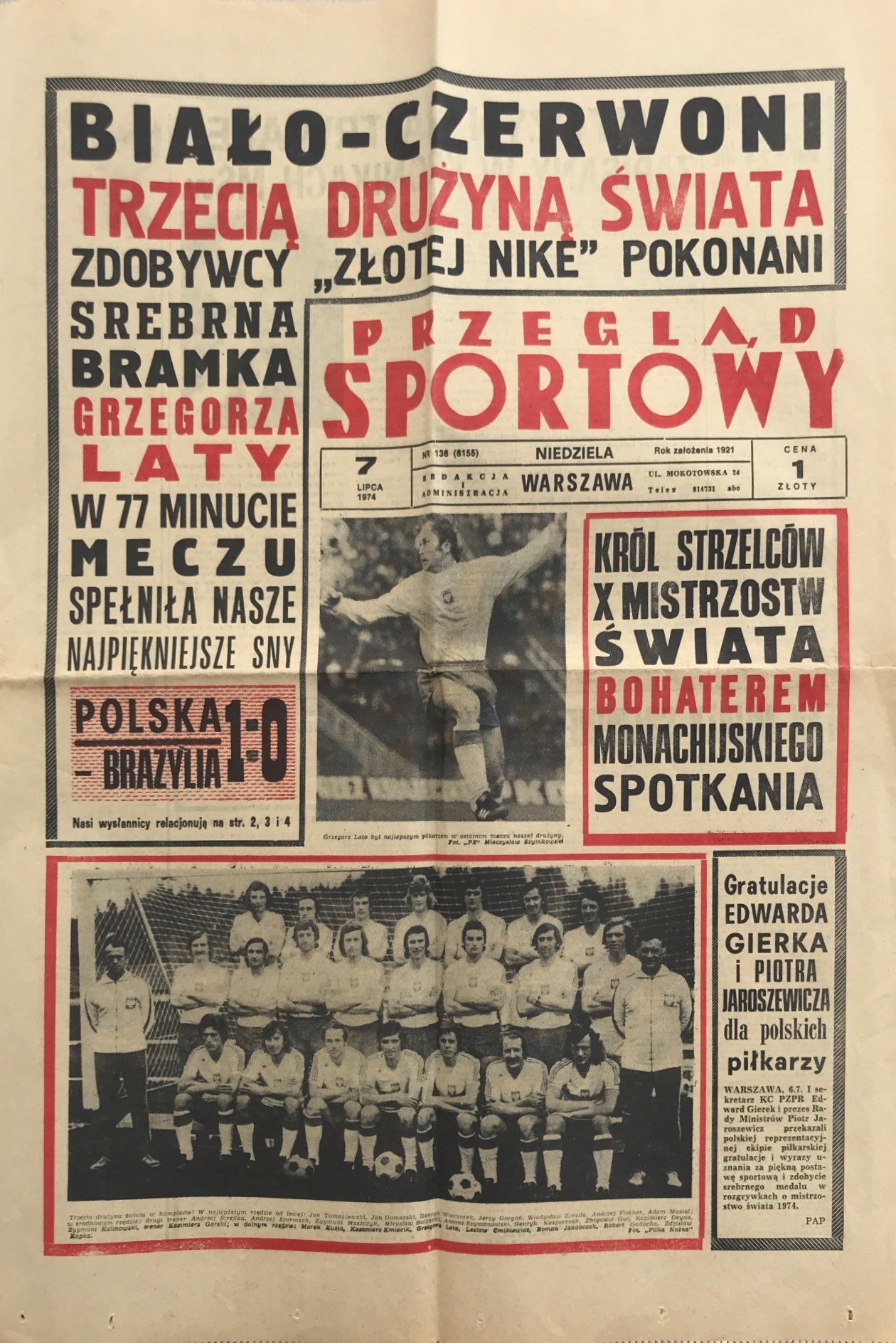 Przegląd Sportowy po meczu Polska - Brazylia 1:0 (06.07.1974).