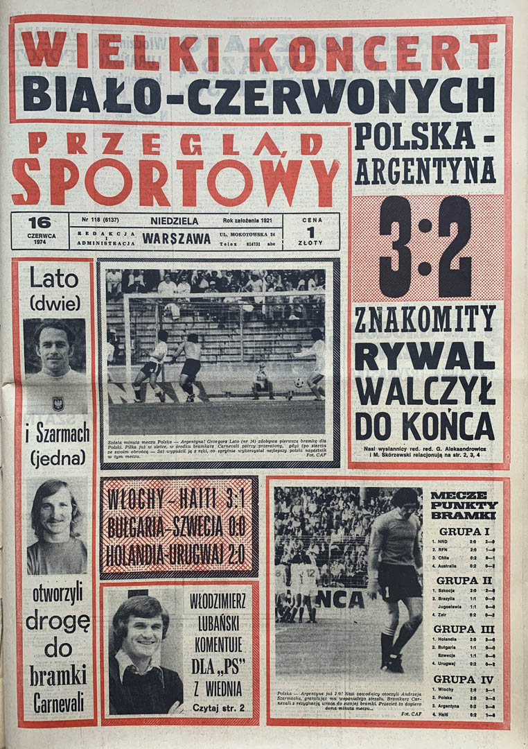 Przegląd Sportowy po meczu Polska - Argentyna 3:2 (15.06.1974)