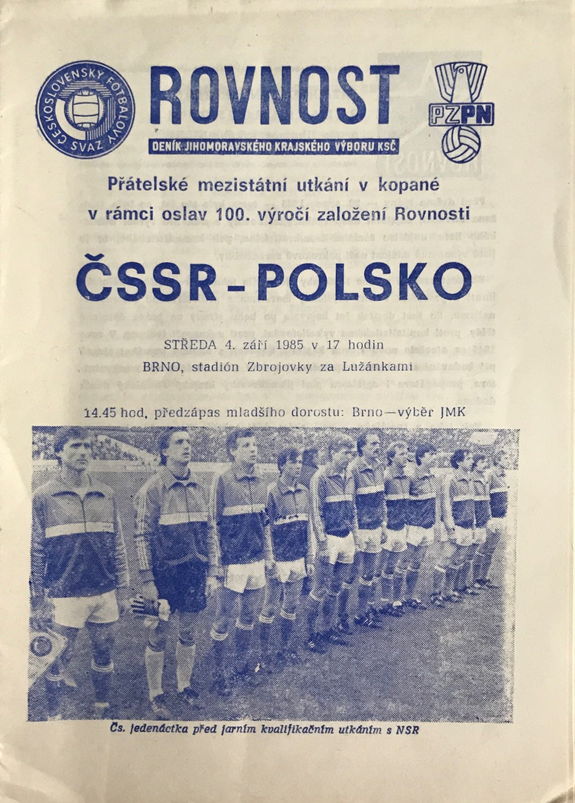 Program meczowy Czechosłowacja - Polska 3:1 (04.09.1985)