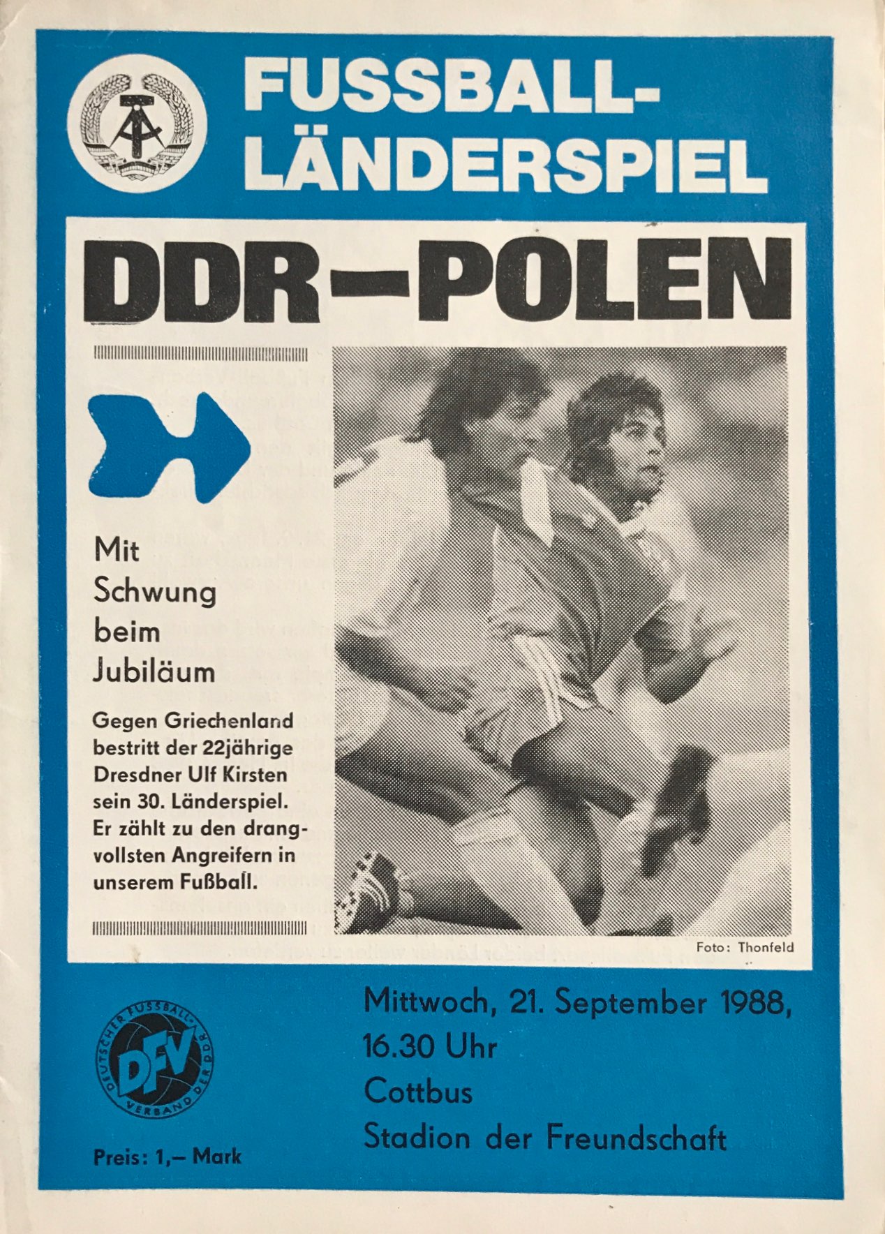 Program meczowy NRD - Polska 1:2 (21.09.1988)