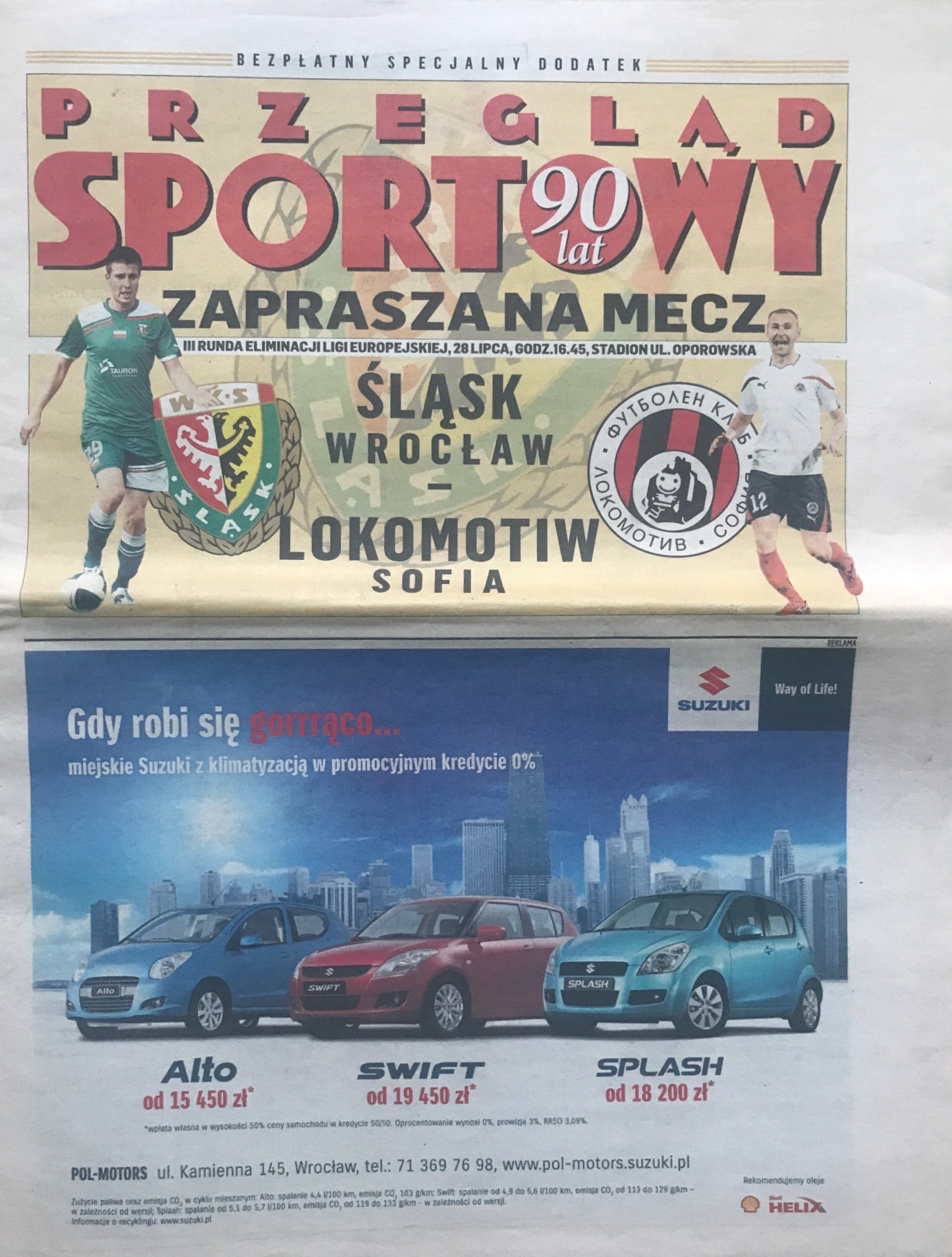 Przegląd Sportowy dodatek do meczu Śląsk Wrocław - Lokomotiw Sofia 0:0 (28.07.2011)
