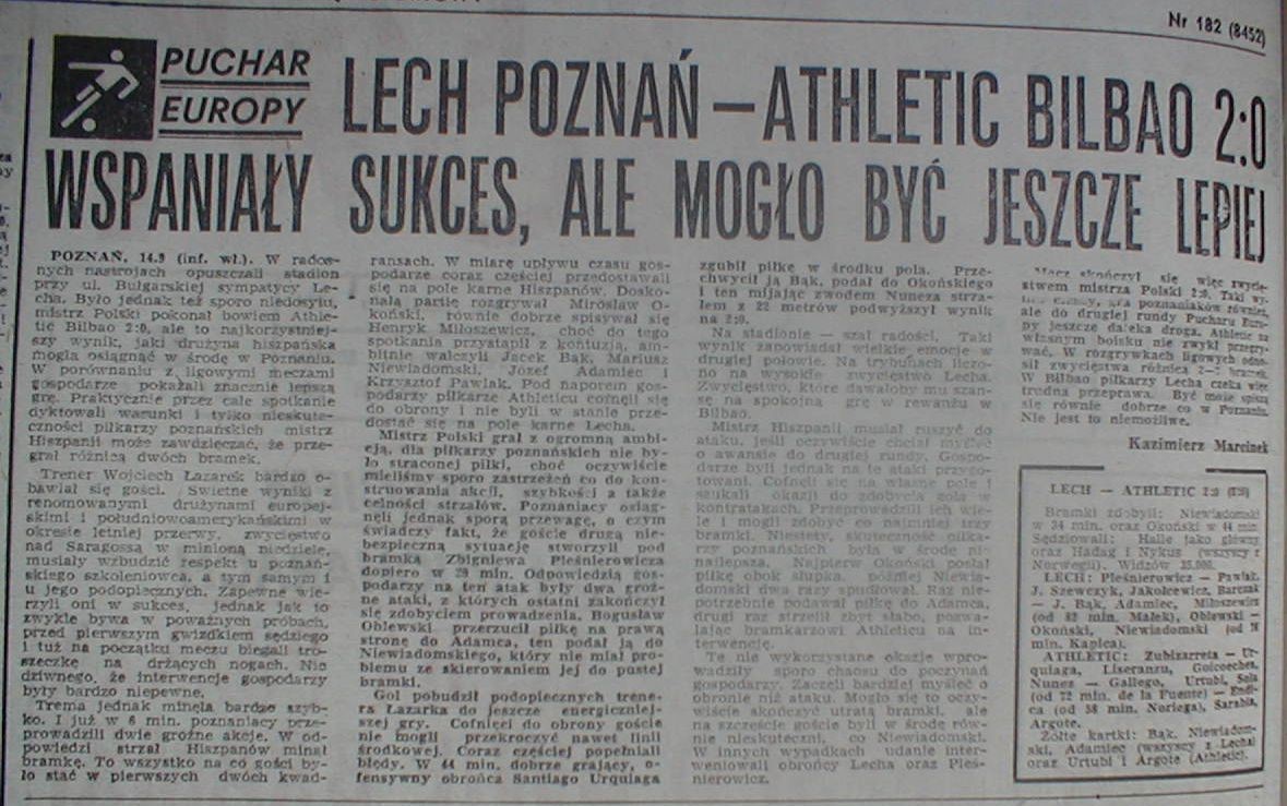 Przegląd Sportowy po meczu Lech Poznań - Athletic Bilbao 2:0 (14.09.1983)