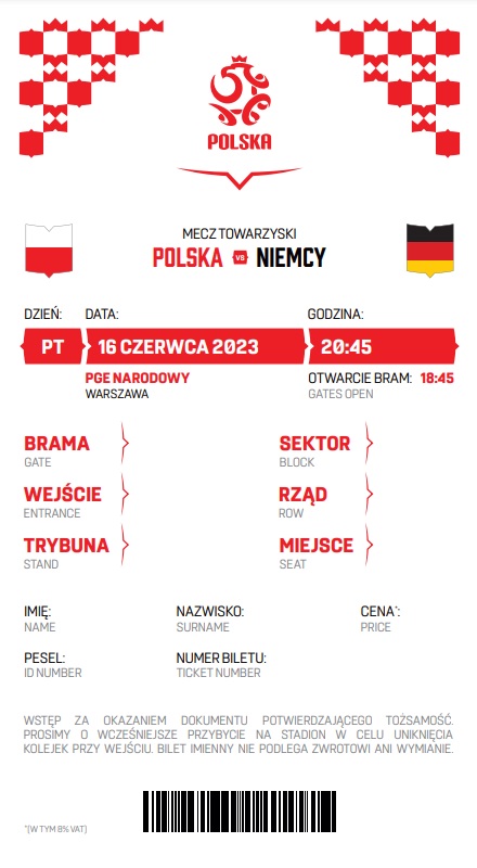Polska - Niemcy 1:0 (16.06.2023) Bilet normalny
