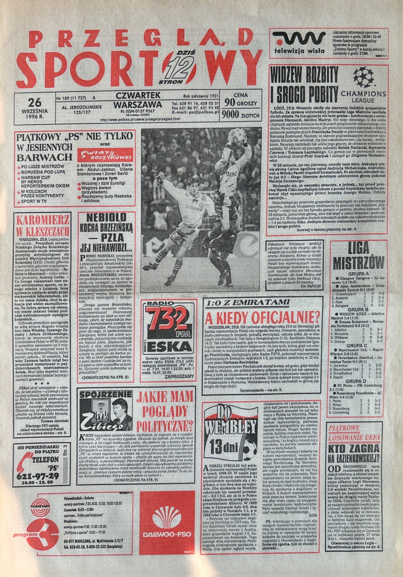 Przegląd Sportowy po meczu Widzew Łódź - Atlético Madryt 1:4 (25.09.1996)