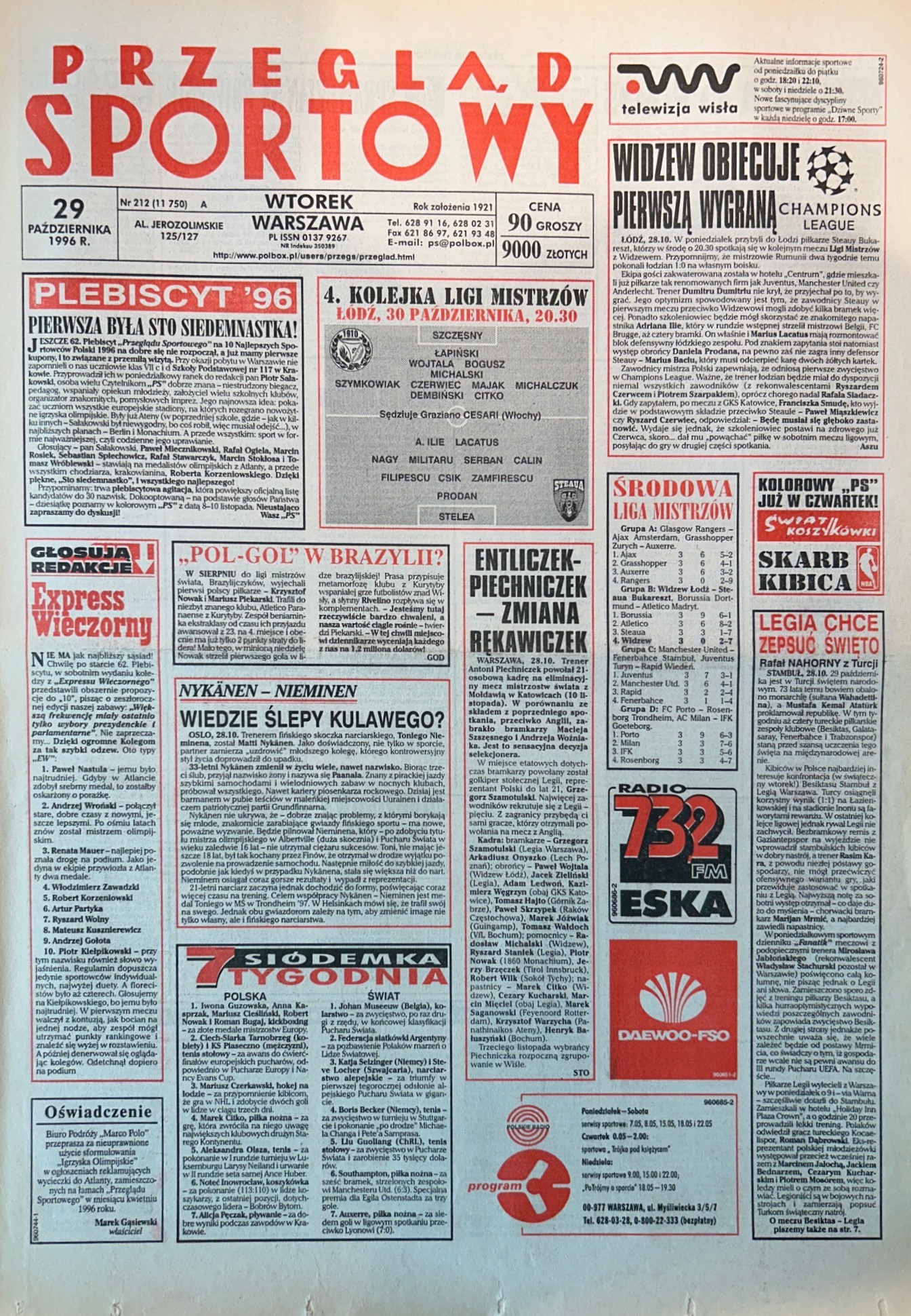 Przegląd Sportowy przed meczem Widzew Łódź - Steaua Bukareszt 2:0 (30.10.1996)