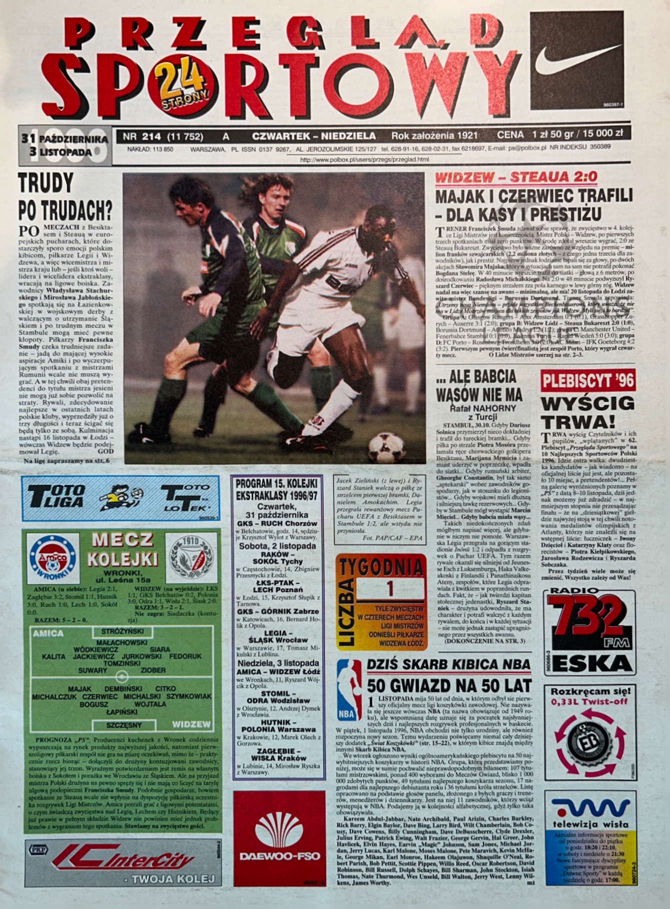 Przegląd Sportowy po meczu Widzew Łódź - Steaua Bukareszt 2:0 (30.10.1996)