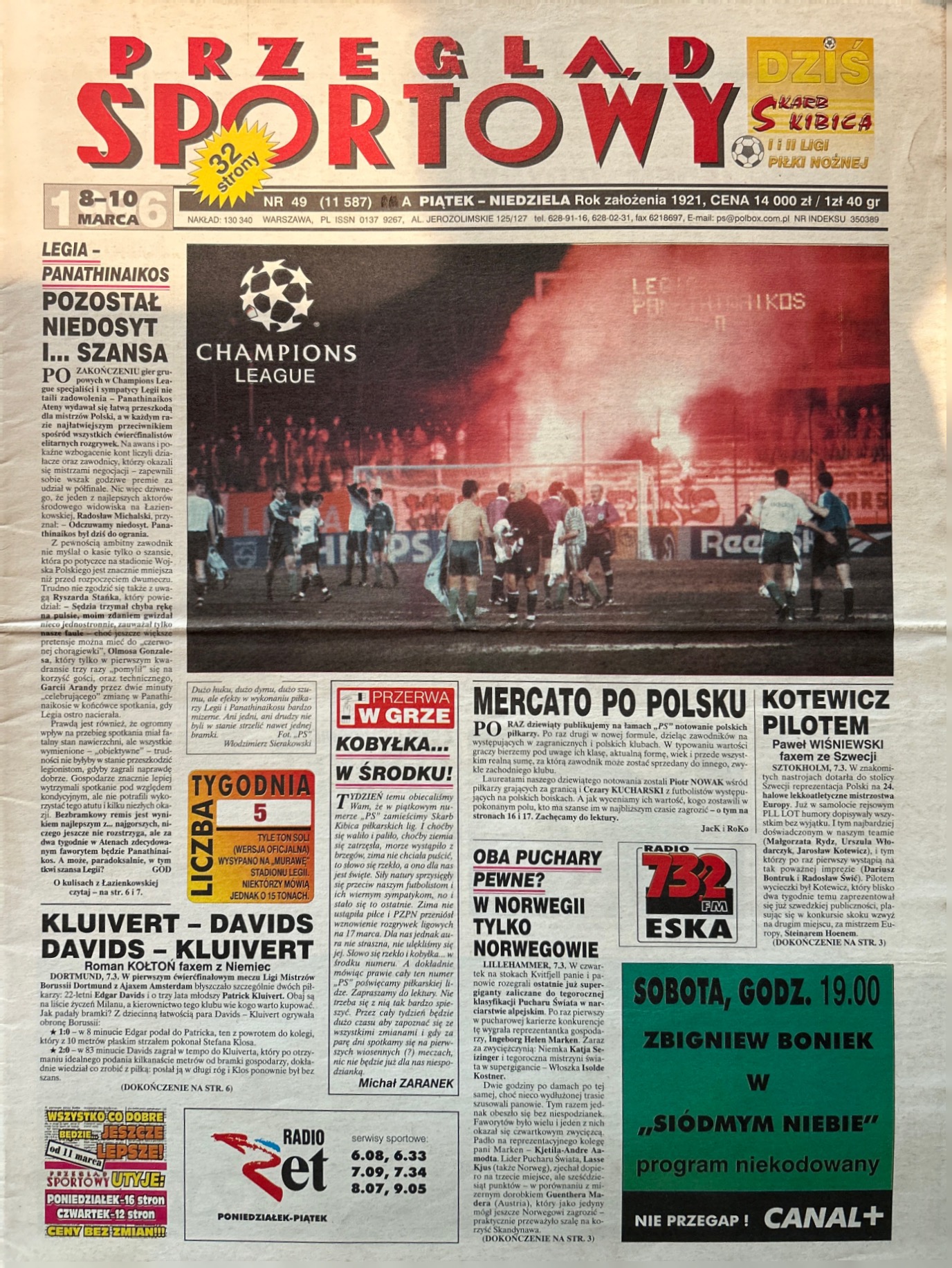 Przegląd Sportowy po meczu Legia Warszawa - Panathinaikos Ateny 0:0 (06.03.1996)