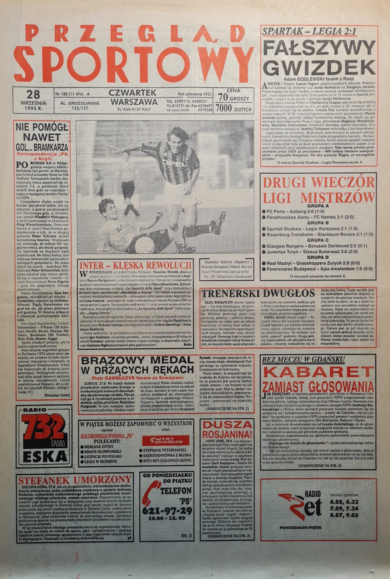 Przegląd Sportowy po meczu Spartak Moskwa - Legia Warszawa 2:1 (27.09.1995)