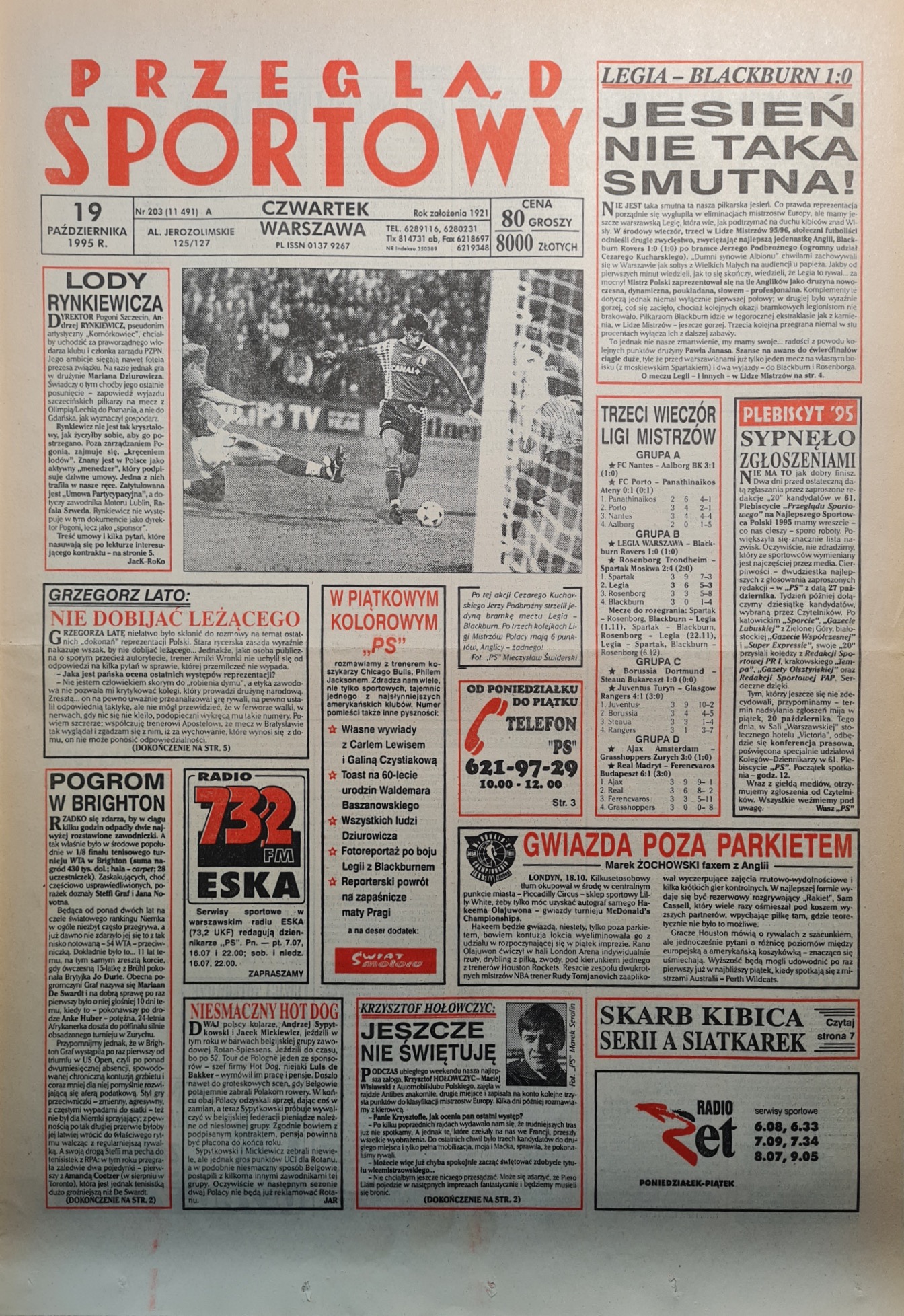 Przegląd Sportowy po meczu Legia Warszawa - Blackburn Rovers 1:0 (18.10.1995)