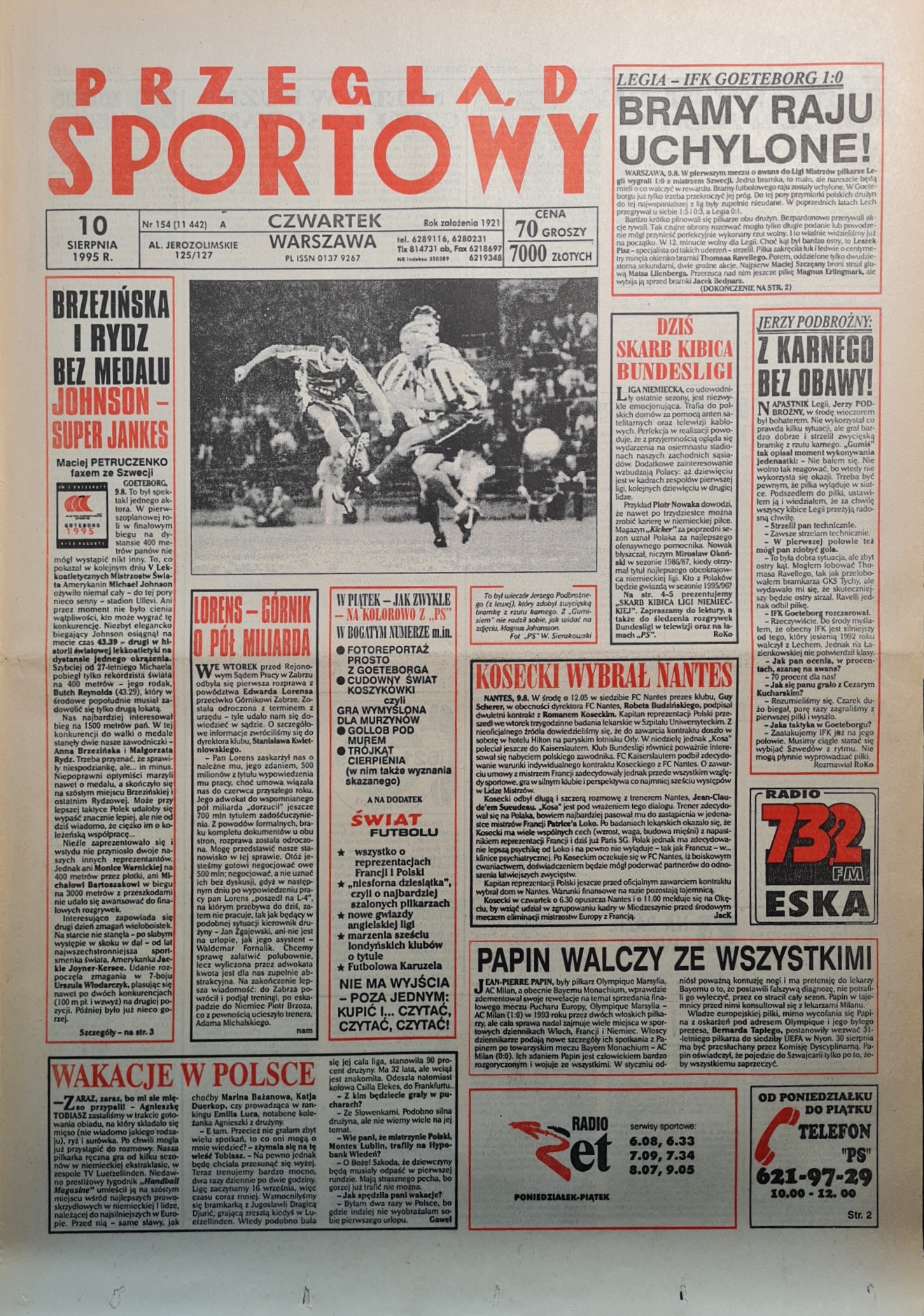 Przegląd Sportowy po meczu Legia Warszawa - IFK Göteborg 1:0 (09.08.1995)