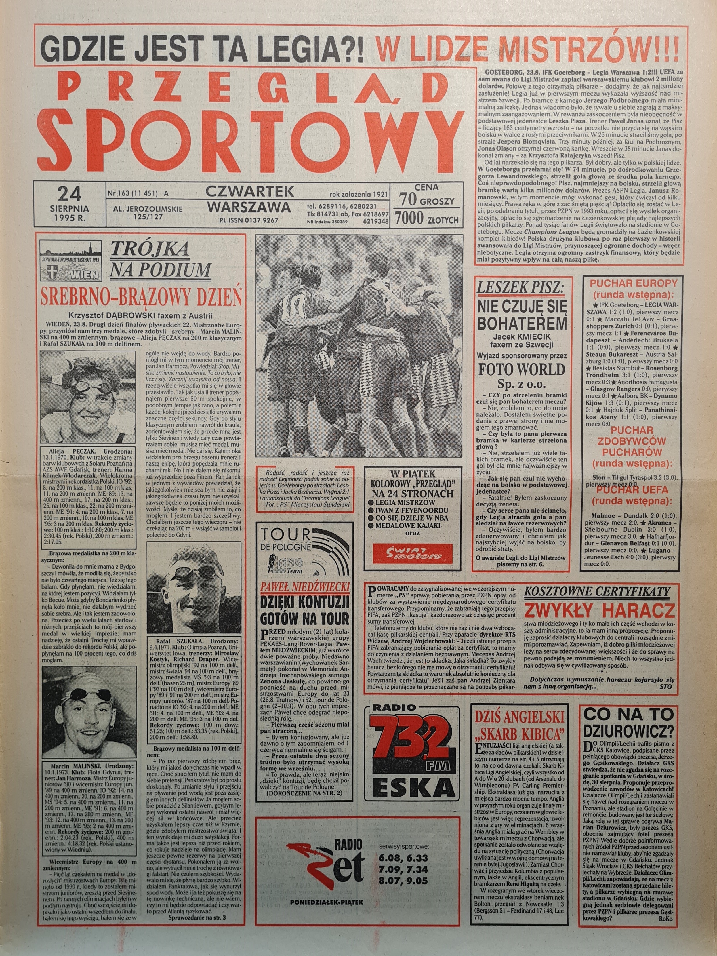 Przegląd Sportowy po meczu IFK Göteborg - Legia Warszawa 1:2 (23.08.1995)