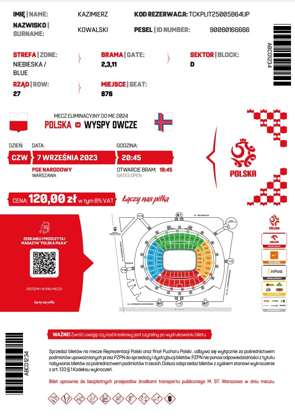 Polska - Wyspy Owcze 2:0 (07.09.2023) Bilet internetowy