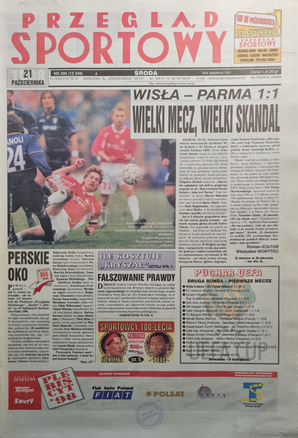 Przegląd Sportowy po meczu Wisła Kraków - Parma AC 1:1 (20.10.1998)
