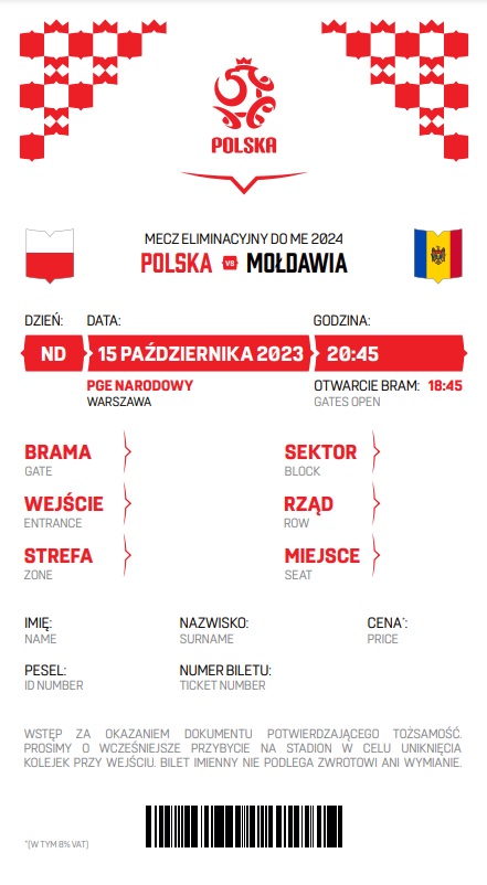 Polska - Mołdawia 1:1 (15.10.2023) Bilet