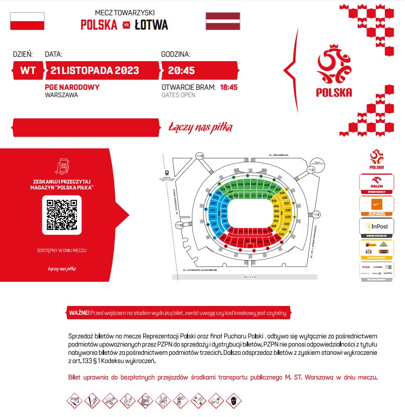 Polska - Łotwa 2:0 (21.11.2023) bilet domowy