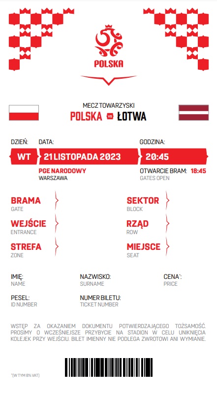 Polska - Łotwa 2:0 (21.11.2023) bilet