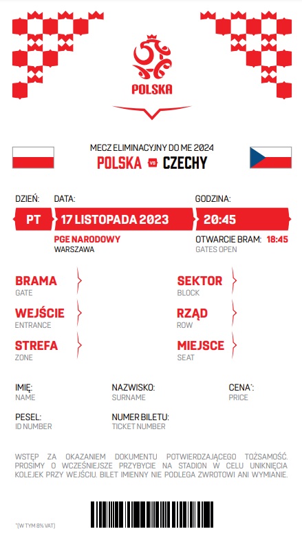 Polska - Czechy 1:1, 17.11.2023 Bilet zwykły