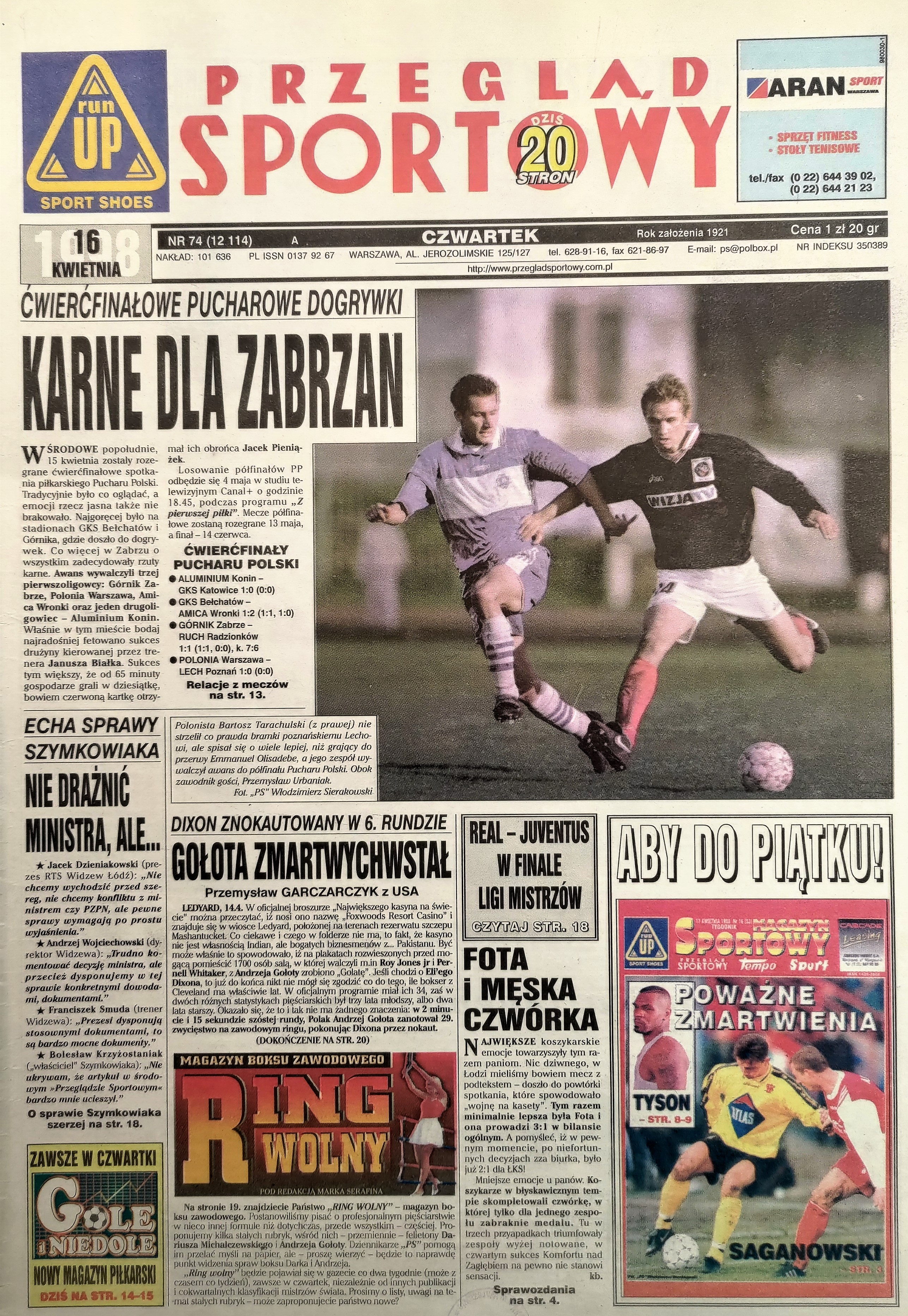 Przegląd Sportowy po meczu Górnik Zabrze - Ruch Radzionków 1:1, k. 7-6, 15.04.1998