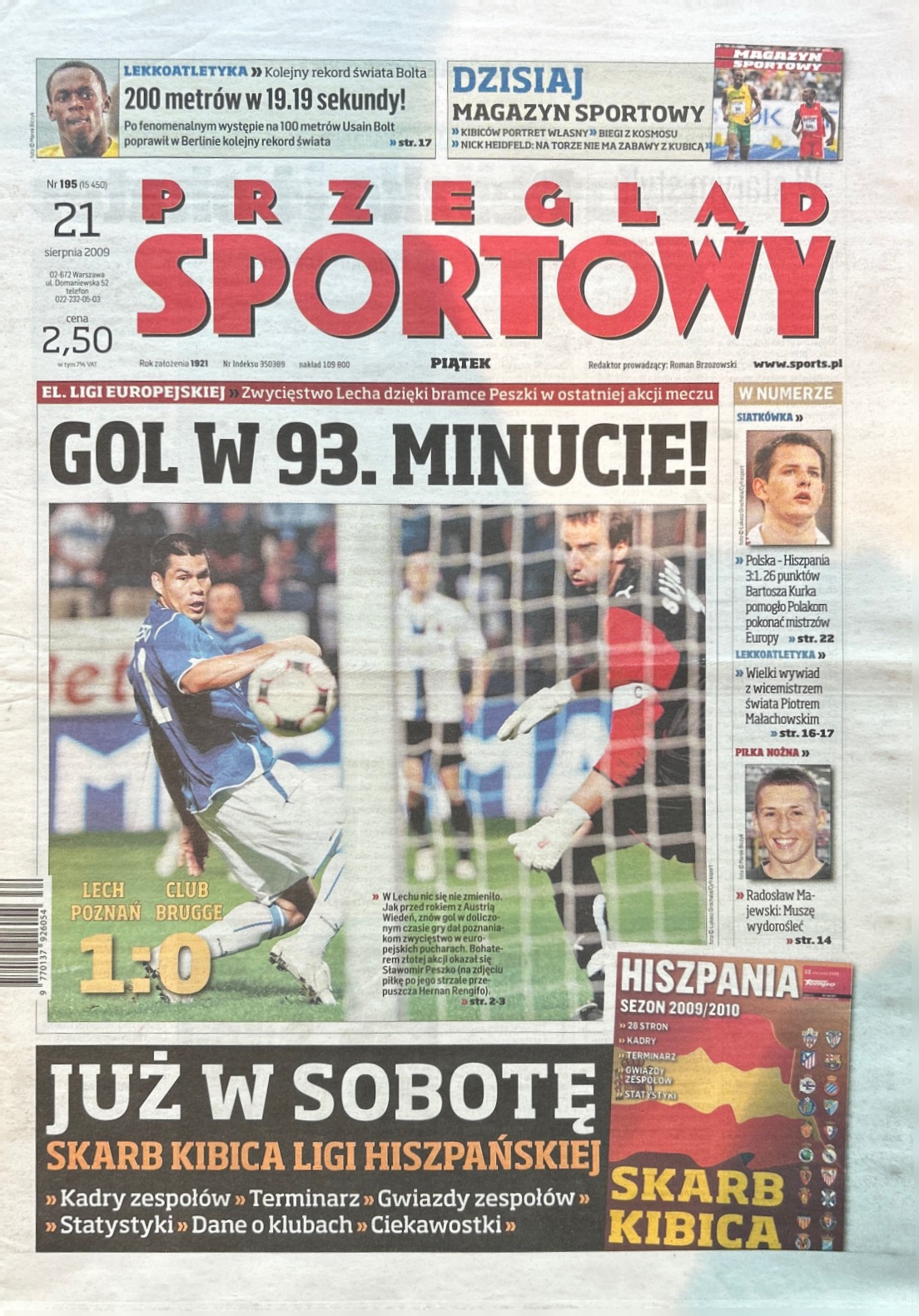 Przegląd Sportowy po meczu Lech Poznań - Club Brugge 1:0 (20.08.2009)