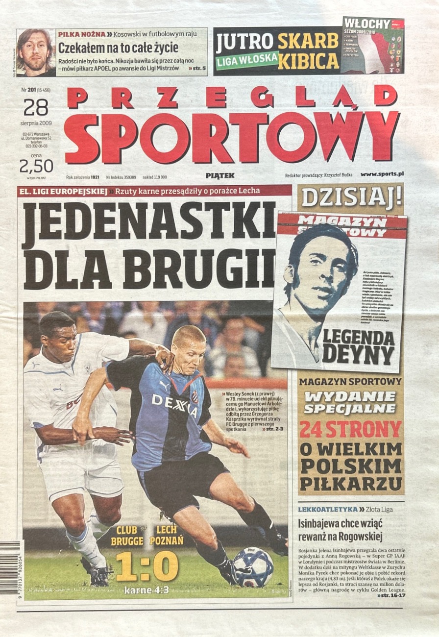 Przegląd Sportowy po meczu Club Brugge - Lech Poznań 1:0, k. 4-3 (27.08.2009)