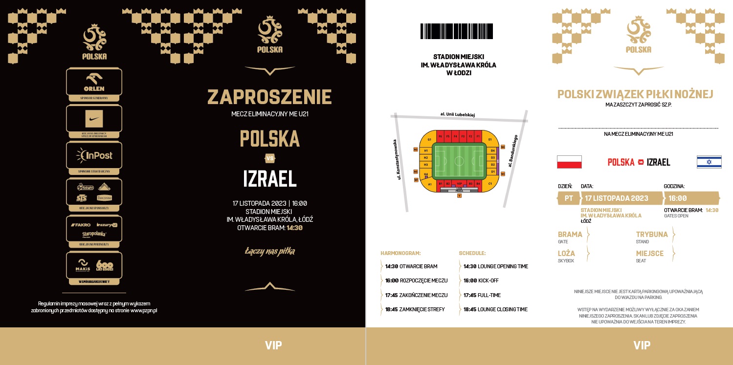 Zaproszenie VIP z meczu Polska - Izrael 2:1 U21 (17.11.2023)