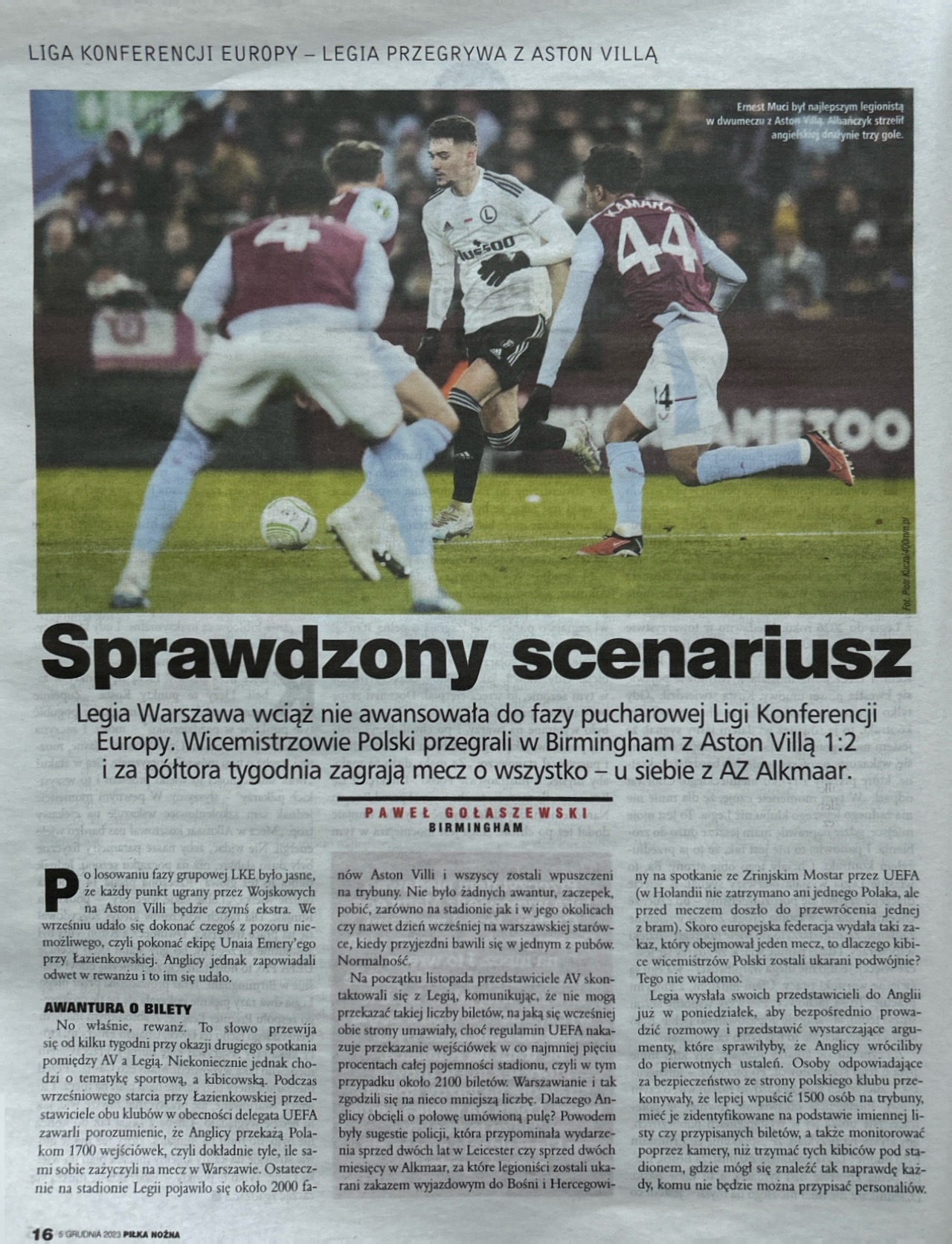 Piłka Nożna po meczu Aston Villa - Legia Warszawa 2:1 (30.11.2023)