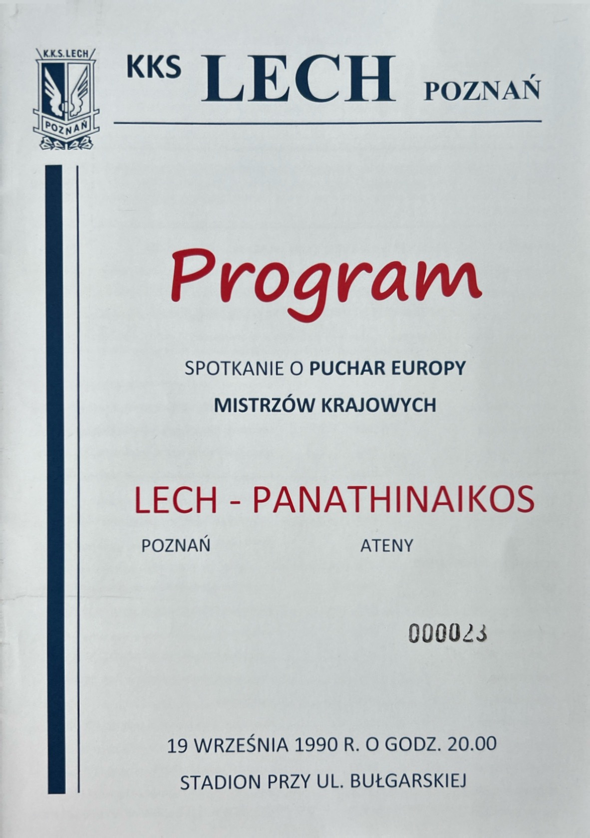 Program meczowy Lech Poznań - Panathinaikos Ateny 3:0 (19.09.1990)