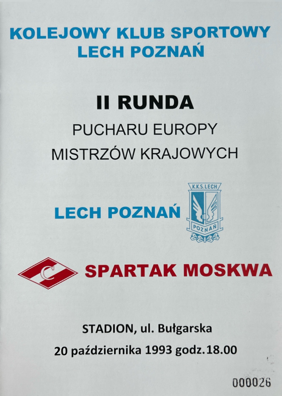 Program meczowy Lech Poznań - Spartak Moskwa 1:5 (20.10.1993)