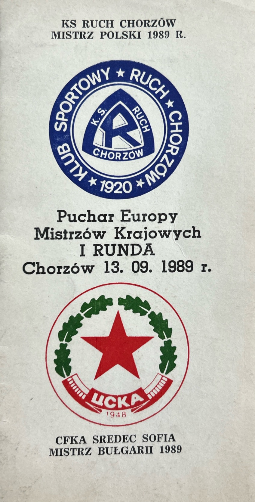 Program meczowy Ruch Chorzów - Sredec Sofia 1:1 (13.09.1989)