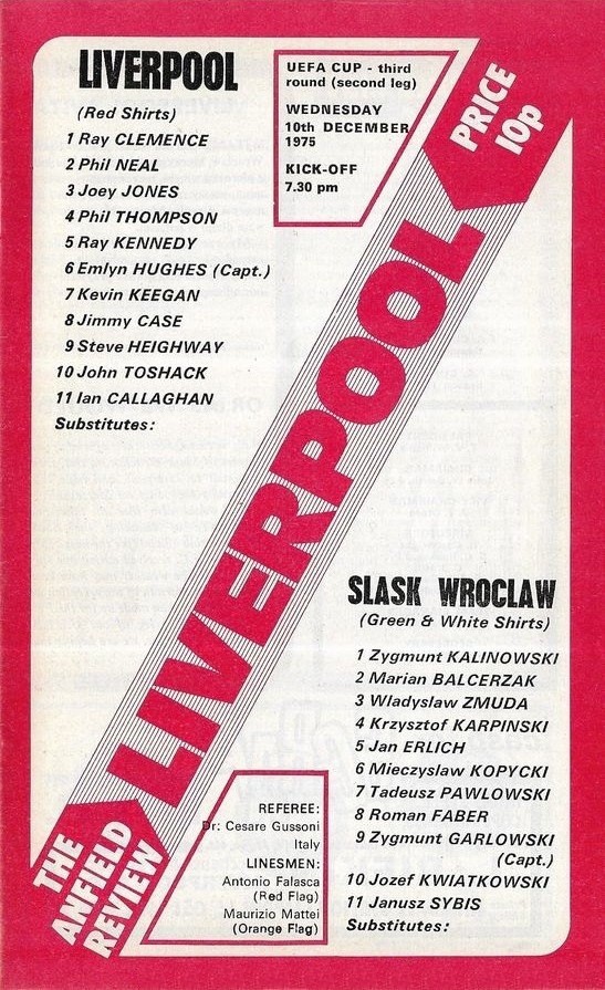 Program meczowy Liverpool FC - Śląsk Wrocław 3:0 (10.12.1975)