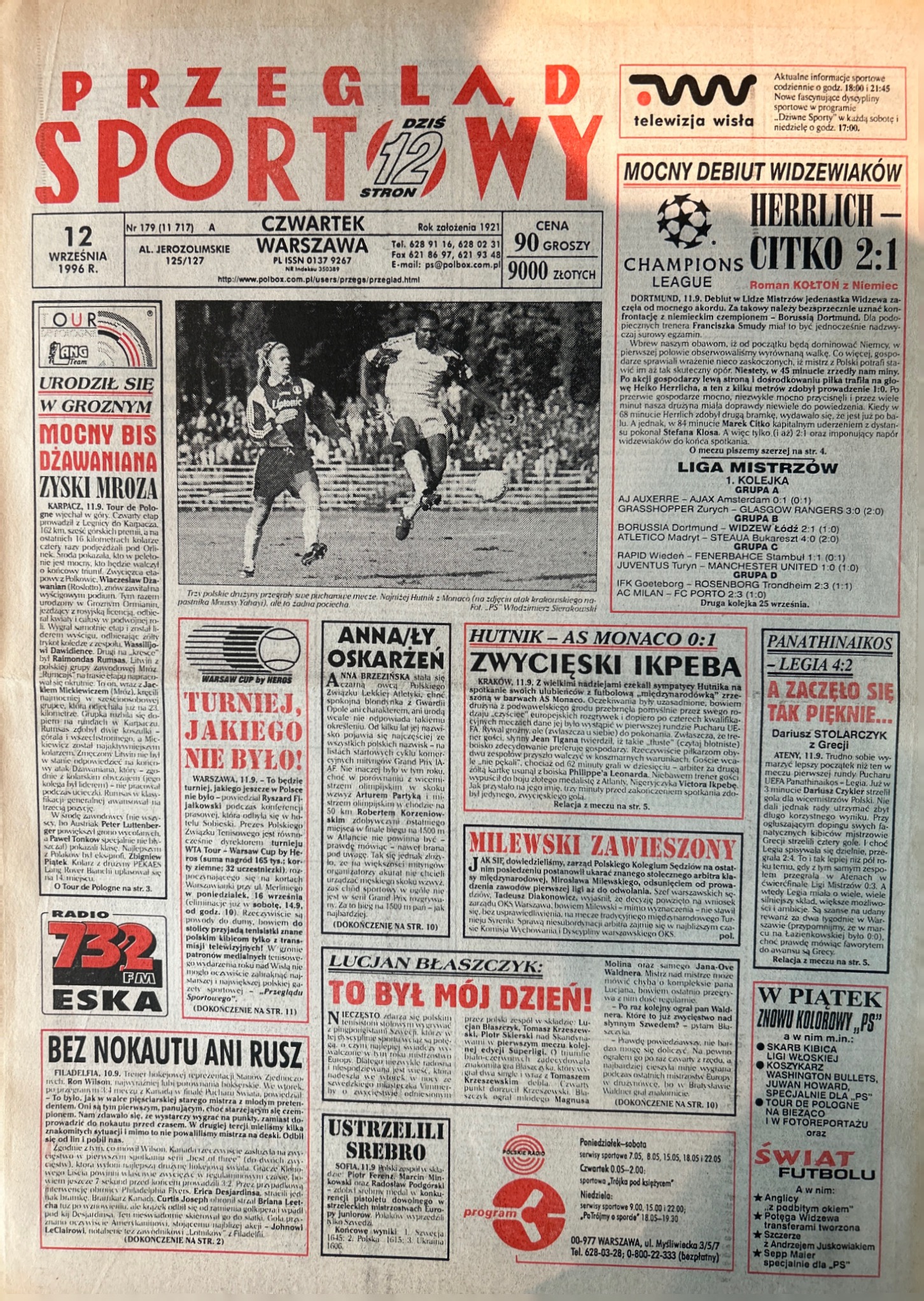 Przegląd Sportowy po meczu Hutnik Kraków - AS Monaco 0:1 (11.09.1996)