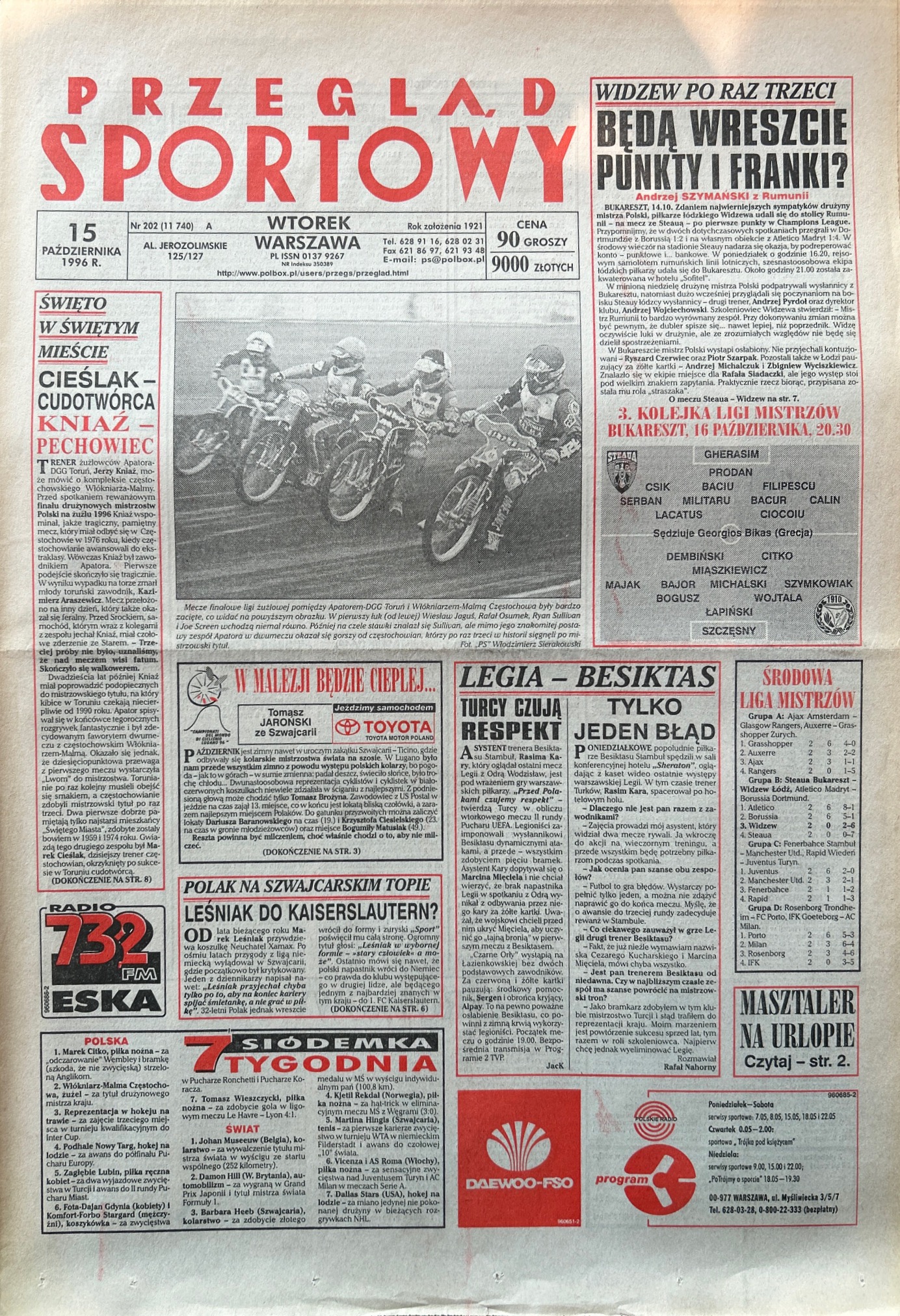 Przegląd Sportowy przed meczem Legia Warszawa - Beşiktaş Stambuł 1:1 (15.10.1996)
