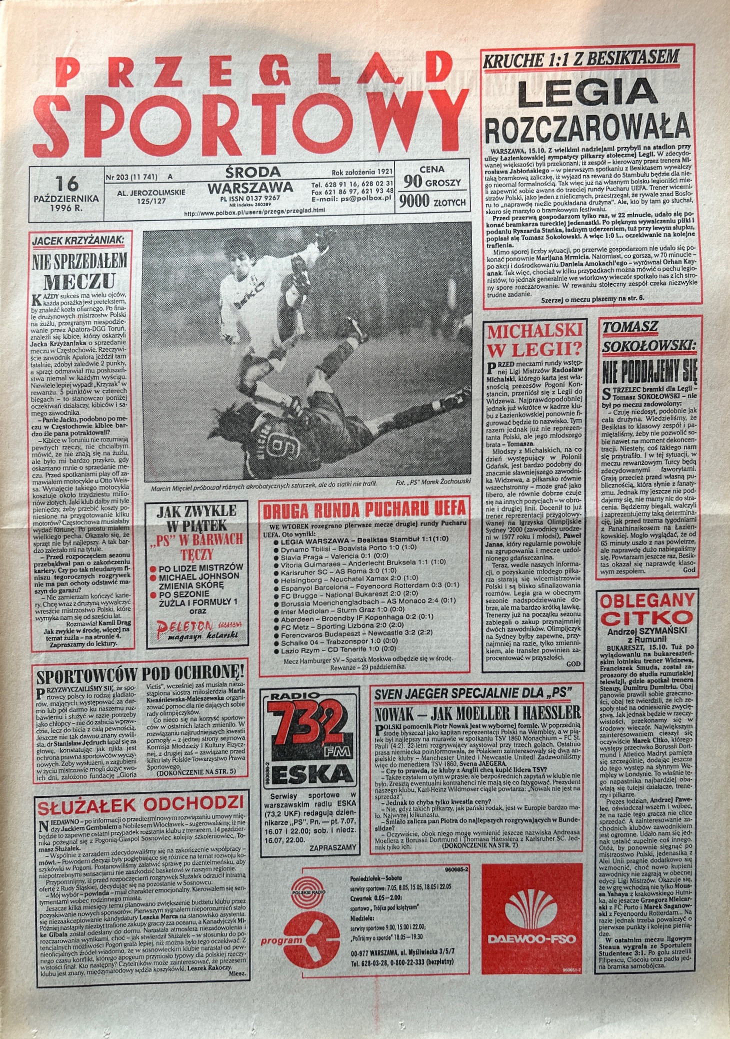 Przegląd Sportowy po meczu Legia Warszawa - Beşiktaş Stambuł 1:1 (15.10.1996)