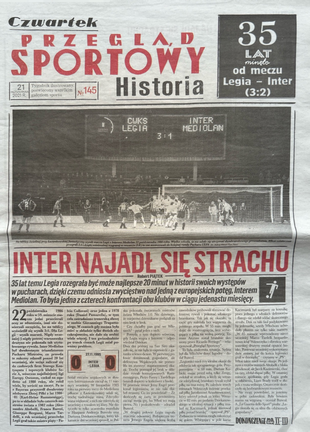 Przegląd Sportowy Historia o meczach Legia Warszawa - Inter Mediolan z 1985-1986